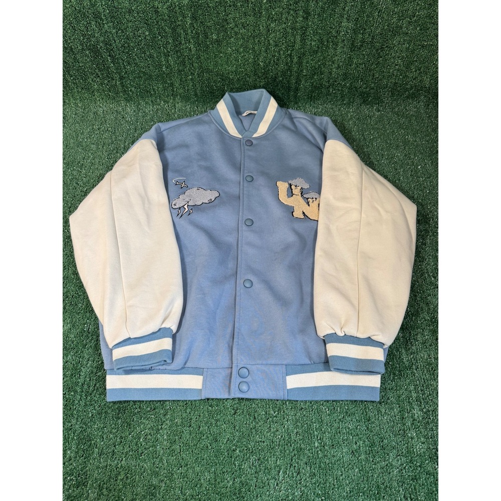 AELFric Eden Mens Blue Cream Varsity Letterman Jacket Patch Detail Size S